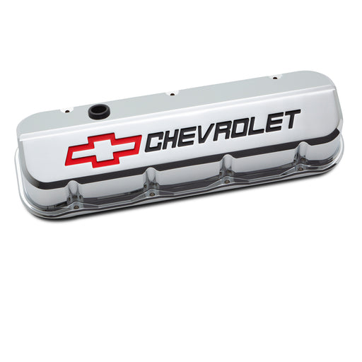 Proform 141-877 Engine Valve Covers; Tall; Die-Cast; BB Chevy; Chrome w Red/Blk Chevy Logo - Truck Part Superstore