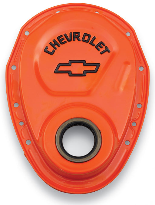Proform 141-783 Timing Chain Cover; Orange; Steel; With Chevy Bowtie Logo; SB Chevy 69-91 - Truck Part Superstore