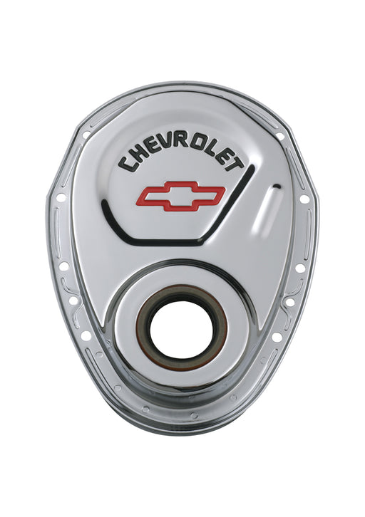 Proform 141-904 Timing Chain Cover; Chrome; Steel; With Chevy and Bowtie Logo; SB Chevy 69-91 - Truck Part Superstore