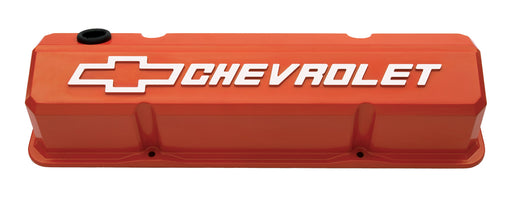 Proform 141-924 Valve Covers; Slant-Edge Tall; Die Cast; Orange w/ Raised Bowtie Logo; SB Chevy - Truck Part Superstore