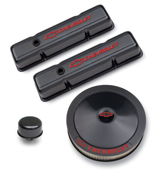 Proform 141-710 Engine Dress-Up Kit; Black Carbon Finish; Red Bowtie; Red Letters; For SB Chevy - Truck Part Superstore