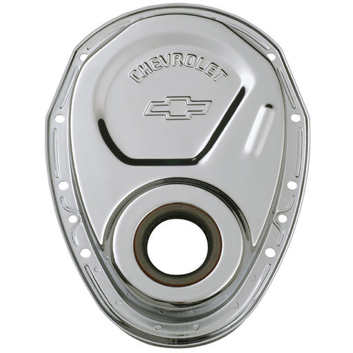 Proform 141-215 Timing Chain Cover; Chrome; Steel; With Chevy and Bowtie Logo; SB Chevy 69-91 - Truck Part Superstore