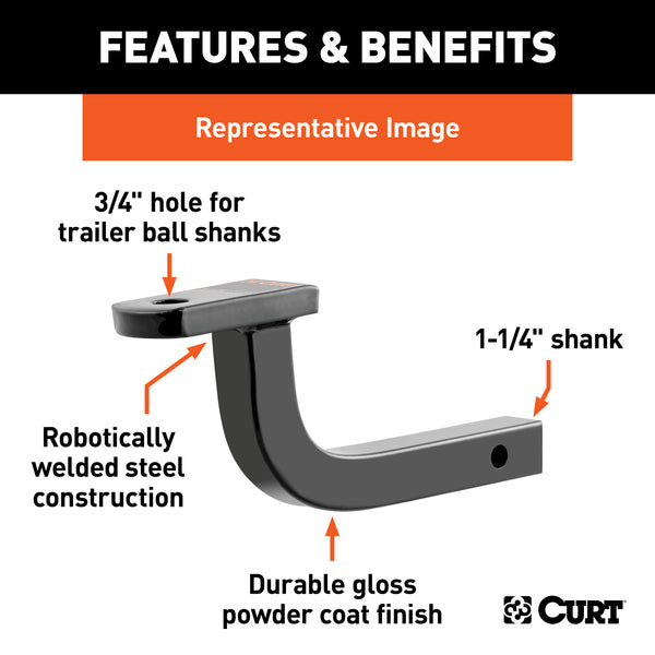 CURT 45023 Class 1 Ball Mount (1-1/4in. Shank; 2;000 lbs.; 3-3/4in. Rise; 11-1/2in. Long) - Truck Part Superstore