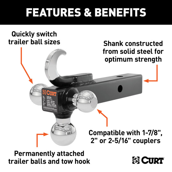 CURT 45675 Multi-Ball Mount with Hook (2in. Solid Shank; 1-7/8in.; 2in./2-5/16in. Chrome Ba - Truck Part Superstore