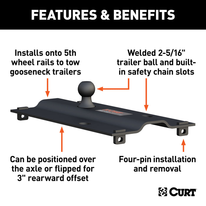 CURT 16055 Bent Plate 5th Wheel Rail Gooseneck Hitch with 2-5/16in. Ball; 25K (3in. Offset) - Truck Part Superstore