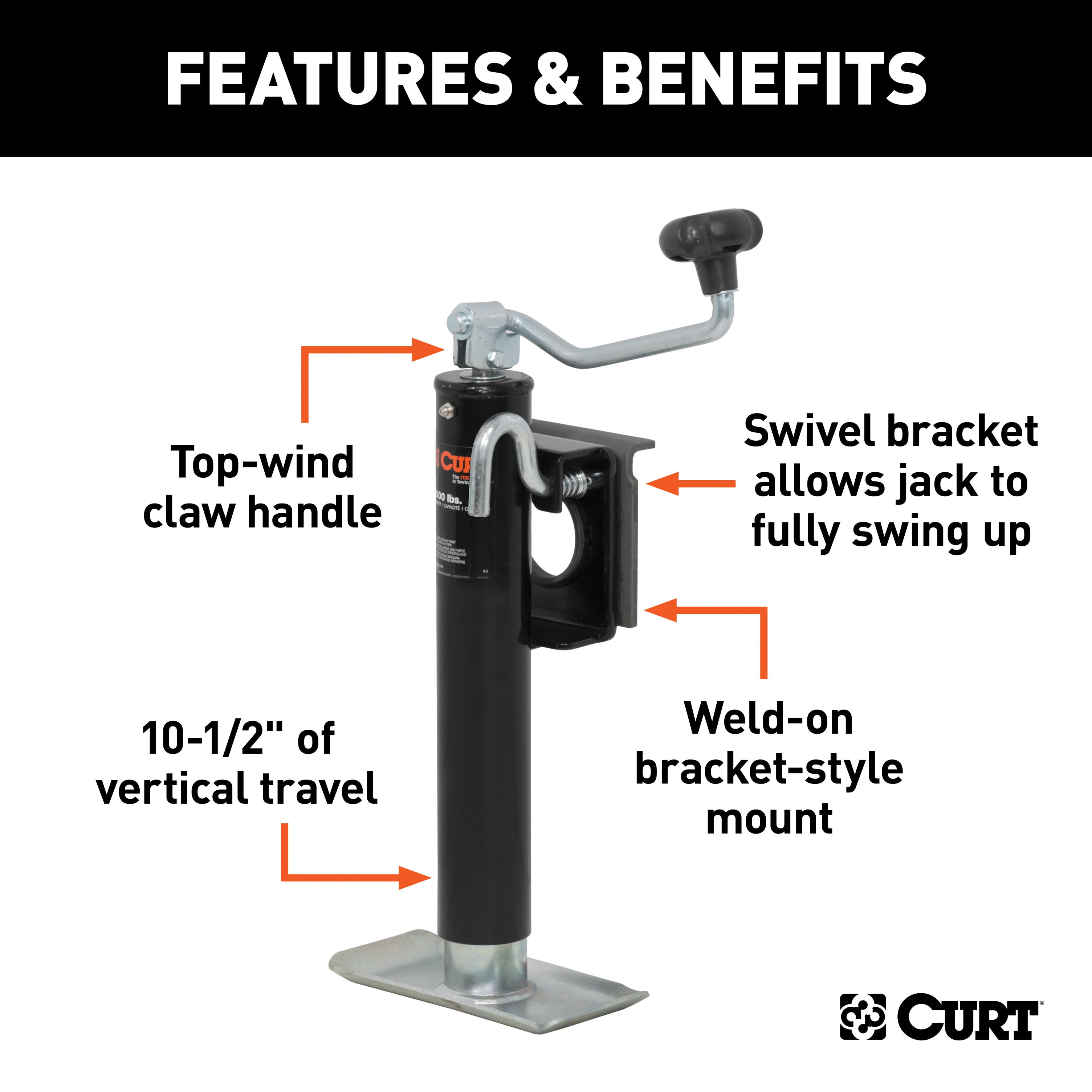CURT 28300 Bracket-Mount Swivel Jack with Top Handle (2;000 lbs; 10in. Travel) - Truck Part Superstore