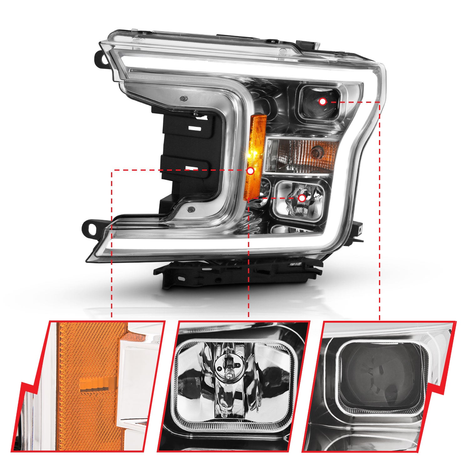 Anzo USA 111468 Projector Headlight Set w/Halo; w/Plank Style; Chrome w/Amber; Pair; - Truck Part Superstore