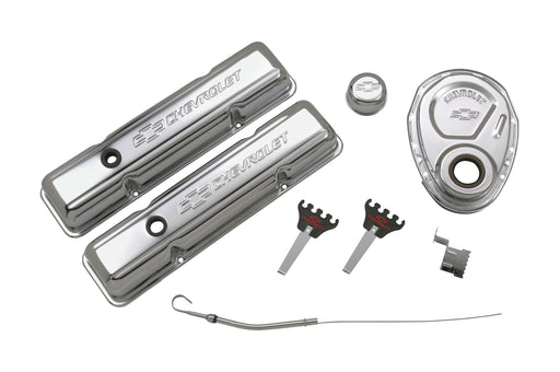 Chevrolet Performance Parts 141-001 Engine Dress-Up Kit Chrome with Stamped Chevy Logo Fits SB Block Chevy Engines Stock Chrome No Valve Cover Faster Title Chevrolet Performance Parts - Truck Part Superstore