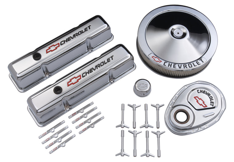 Chevrolet Performance Parts 141-900 Engine Dress-Up Kit Chrome w/Red Chevy Logo Fits SB Block Chevy Engines Tall Chrome Chevrolet Performance Parts - Truck Part Superstore