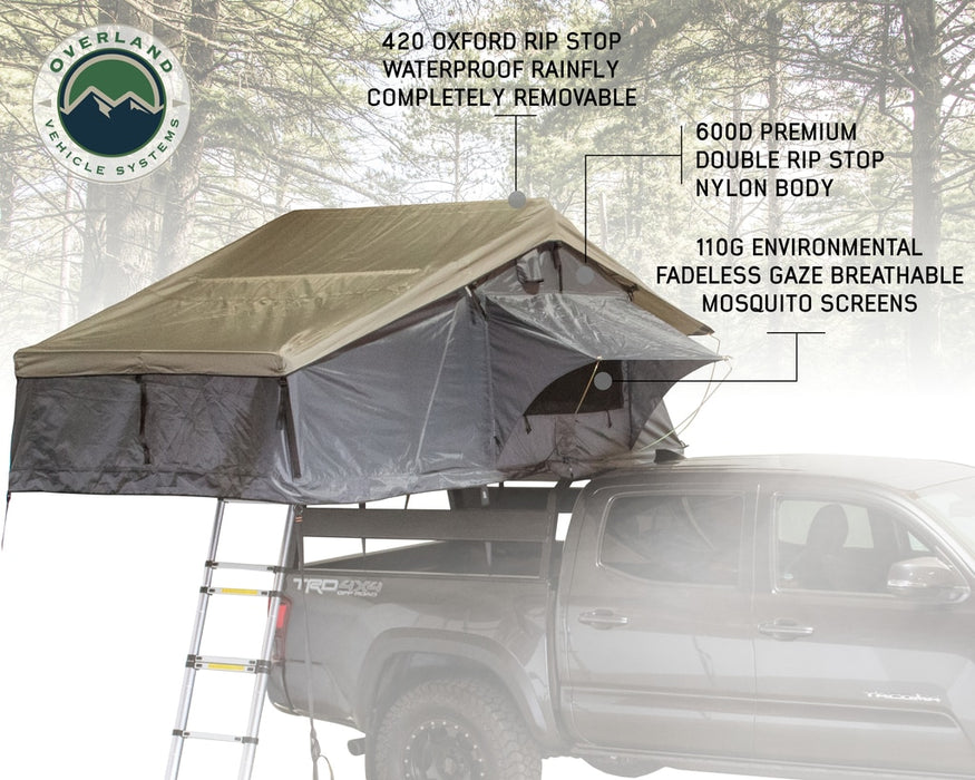 Overland Vehicle Systems 18029936 Roof Top Tent 2 Person Extended Roof Top Tent Dark Gray Base With Green Rain Fly With Bonus Pack Nomadic Overland Vehicle Systems - Truck Part Superstore
