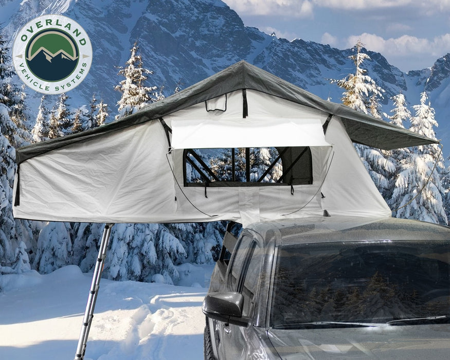 Overland Vehicle Systems 18031926 Roof Top Tent Extended 3 Person Roof Top Tent With Annex White/Dark Gray Rain Fly Black Cover Nomadic Arctic Overland Vehicle Systems - Truck Part Superstore