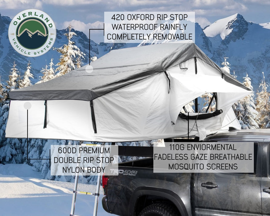 Overland Vehicle Systems 18031926 Roof Top Tent Extended 3 Person Roof Top Tent With Annex White/Dark Gray Rain Fly Black Cover Nomadic Arctic Overland Vehicle Systems - Truck Part Superstore