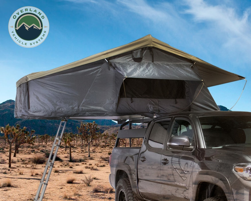 Overland Vehicle Systems 18039936 Roof Top Tent 3 Person Extended Roof Top Tent Dark Gray Base With Green Rain Fly With Bonus Pack Nomadic Overland Vehicle Systems - Truck Part Superstore