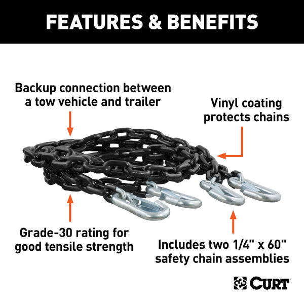 CURT 19749 65in. Safety Chains with 2 Snap Hooks Each (5;000 lbs; Vinyl-Coated; 2-Pack) - Truck Part Superstore