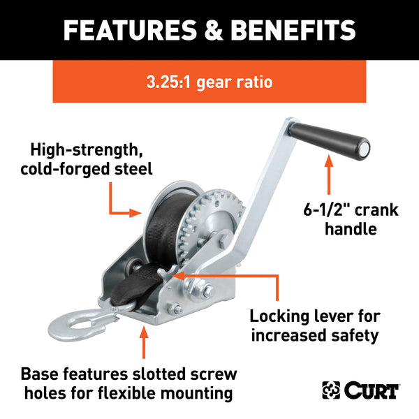 CURT 29433 Hand Crank Win. with 15ft. Strap (900 lbs; 6-1/2in. Handle) - Truck Part Superstore