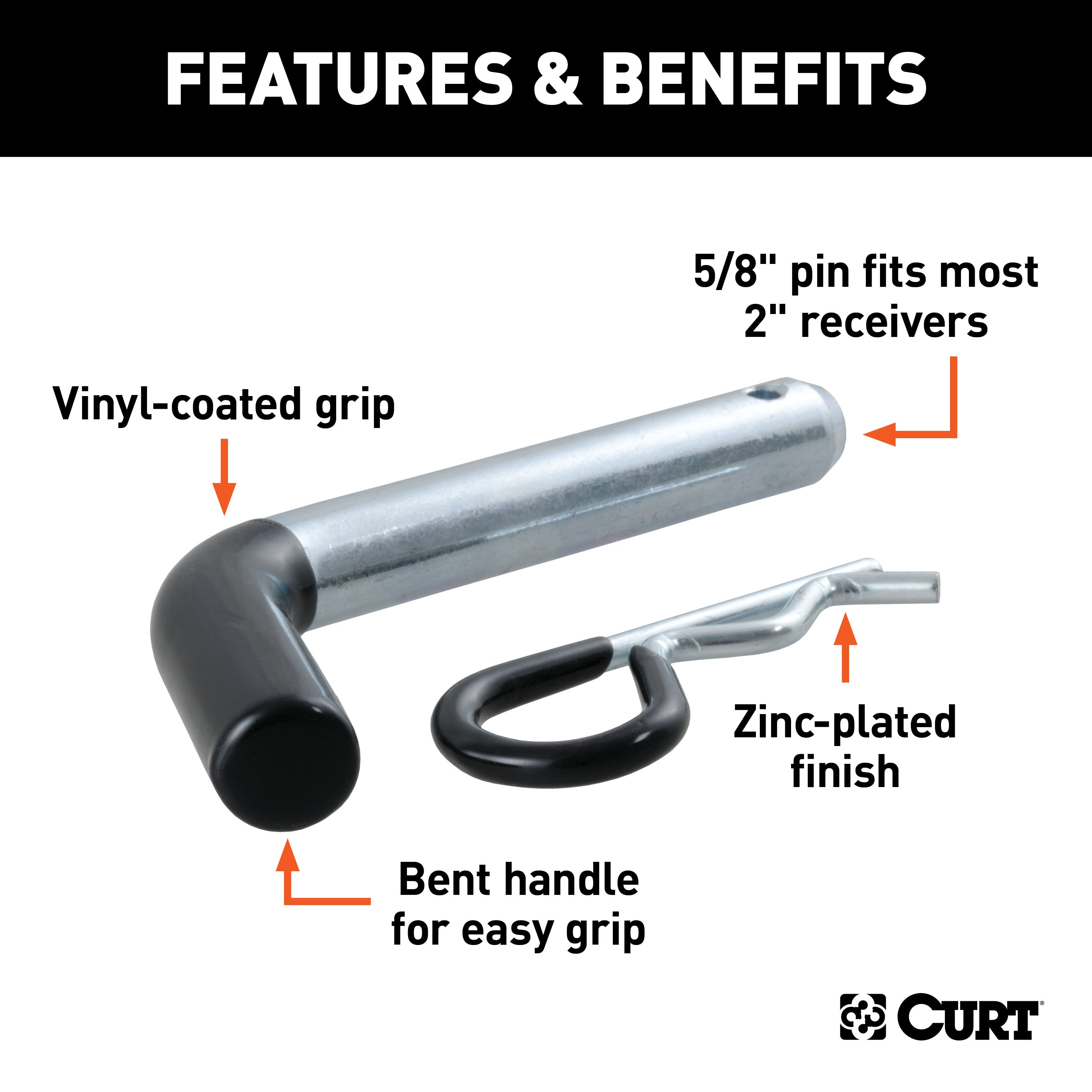 CURT 21511 5/8in. Hitch Pin (2in. Receiver; Zinc with Rubber Grip; Packaged) - Truck Part Superstore