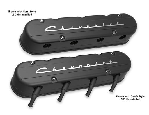 Holley 241-177 LS Valve Cover; 2 pc.; Chevrolet Logo; Satin Black Finish; - Truck Part Superstore