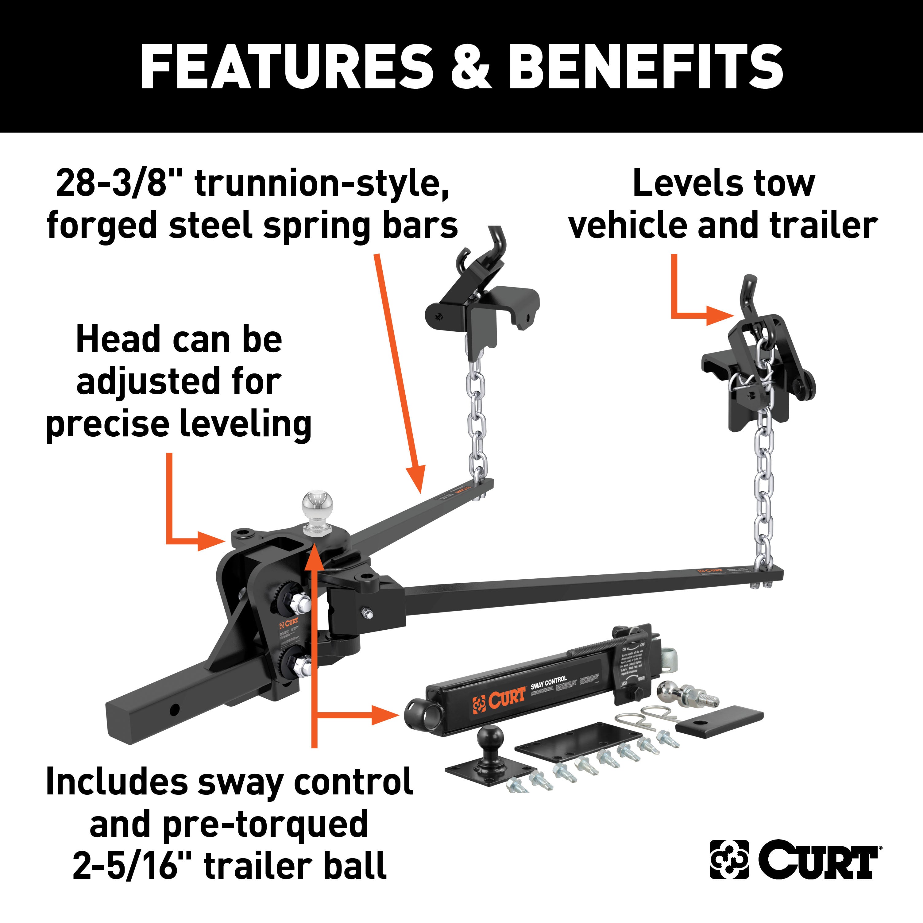 CURT 17422 Short Trunnion Bar Weight Distribution Hitch with Sway Control (10-15K; 28-3/8in - Truck Part Superstore