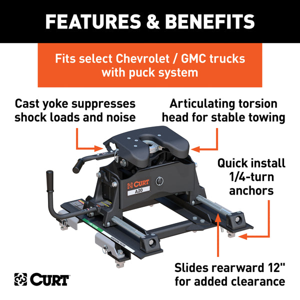 CURT 16669 A20 Sliding 5th Wheel Hitch; 20K; Select Silverado; Sierra; 6.5ft. Bed Puck Syst - Truck Part Superstore