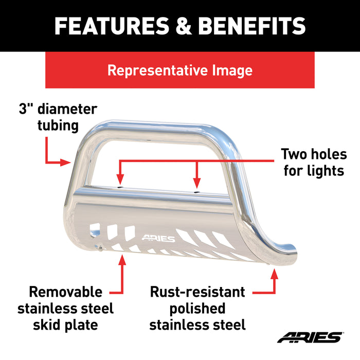 ARIES 35-2004 3in. Polished Stainless Bull Bar; Select Toyota Sequoia; Tundra - Truck Part Superstore