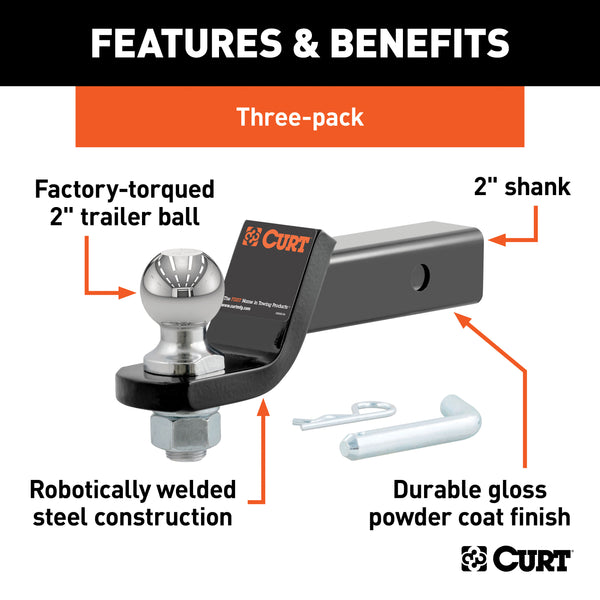 CURT 45037 Loaded Ball Mounts with 2in. Balls (2in. Shank; 7;500 lbs.; 2in. Drop; 3-Pack) - Truck Part Superstore