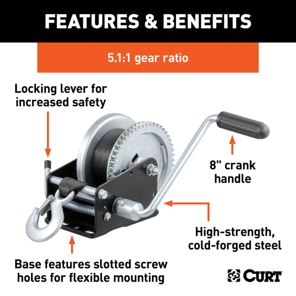 CURT 29438 Hand Crank Win. with 20ft. Strap (1;900 lbs; 8in. Handle) - Truck Part Superstore