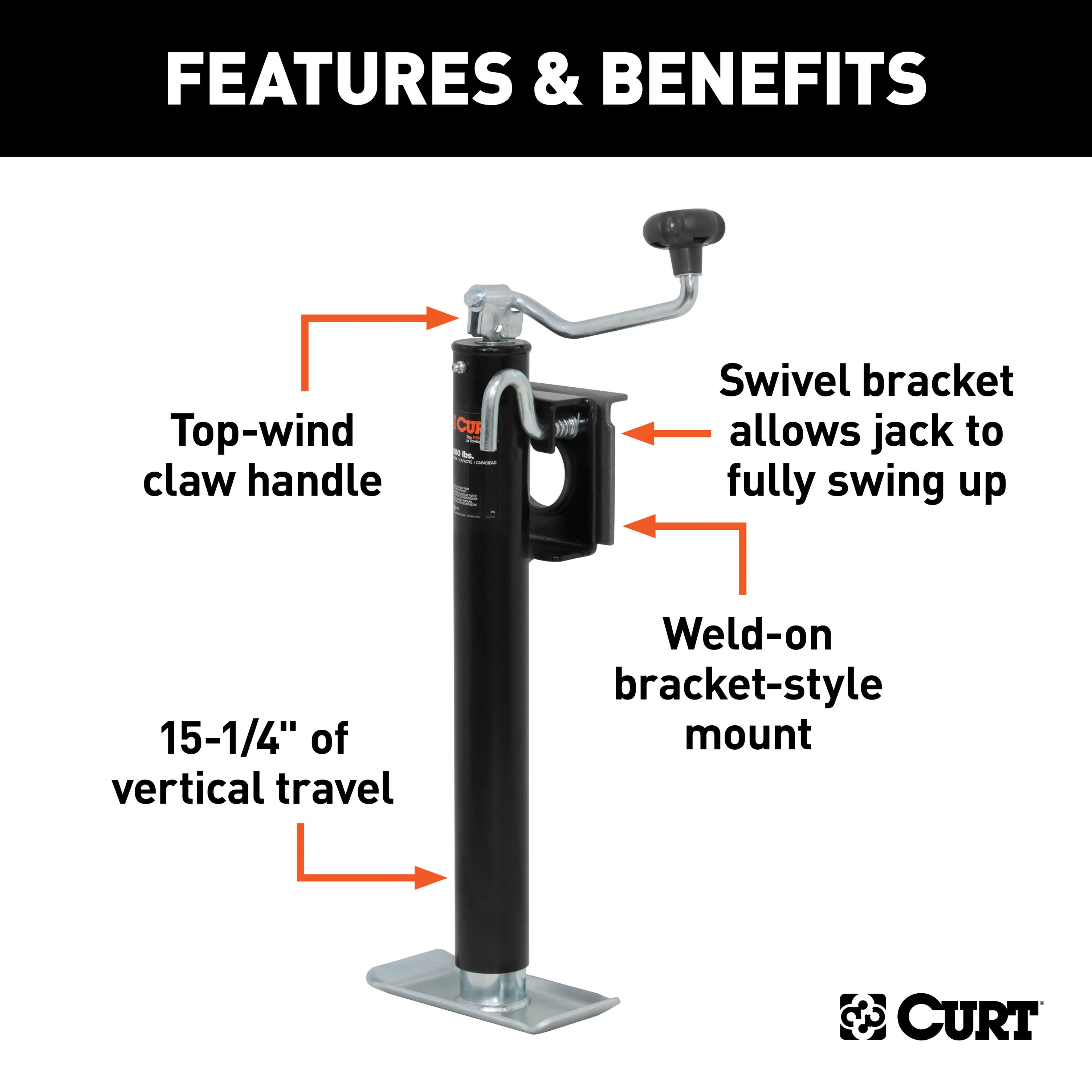 CURT 28304 Bracket-Mount Swivel Jack with Top Handle (2;000 lbs; 15in. Travel) - Truck Part Superstore