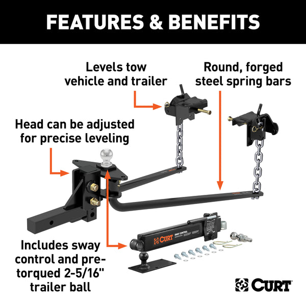 CURT 17062 Round Bar Weight Distribution Hitch with Lubrication; Sway Control (8-10K) - Truck Part Superstore