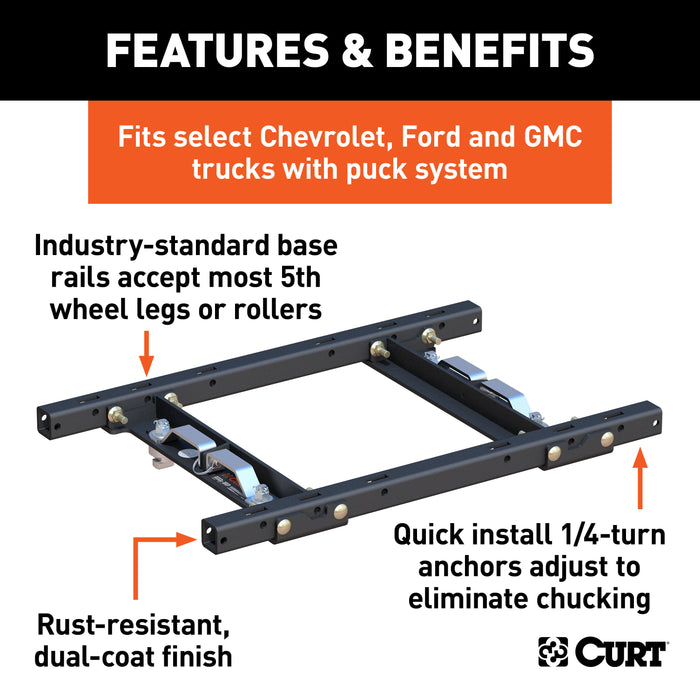 CURT 16027 Puck System 5th Wheel Adapter with Rails; Select Chevy; Ford; GMC; 25K - Truck Part Superstore