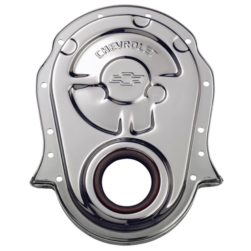 Proform 141-216 Engine Timing Chain Cover; Chrome; Steel; w/ Chevy and Bowtie Logo; For BB Chevy - Truck Part Superstore