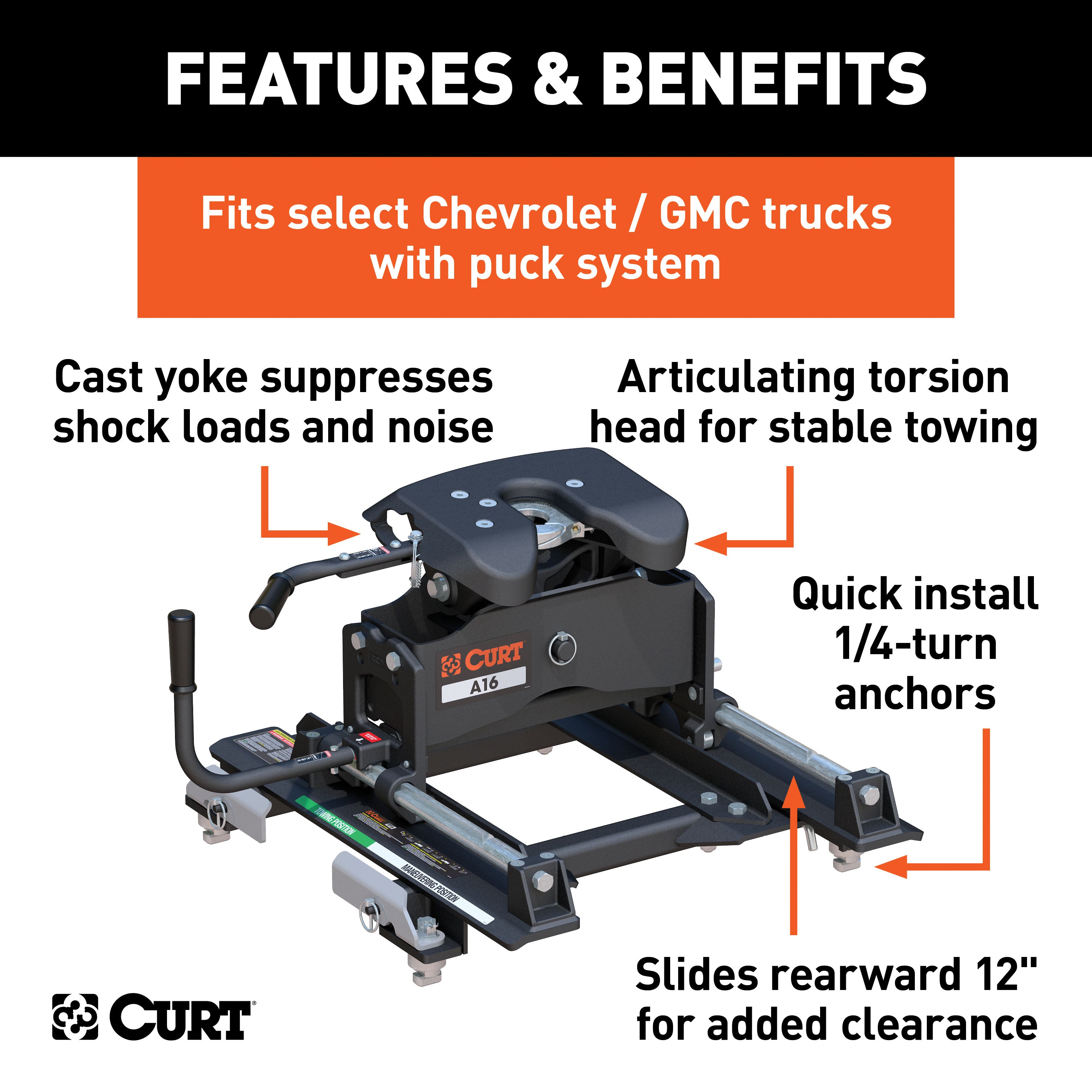 CURT 16668 A16 Sliding 5th Wheel Hitch; 16K; Select Silverado; Sierra; 6.5ft. Bed Puck Syst - Truck Part Superstore