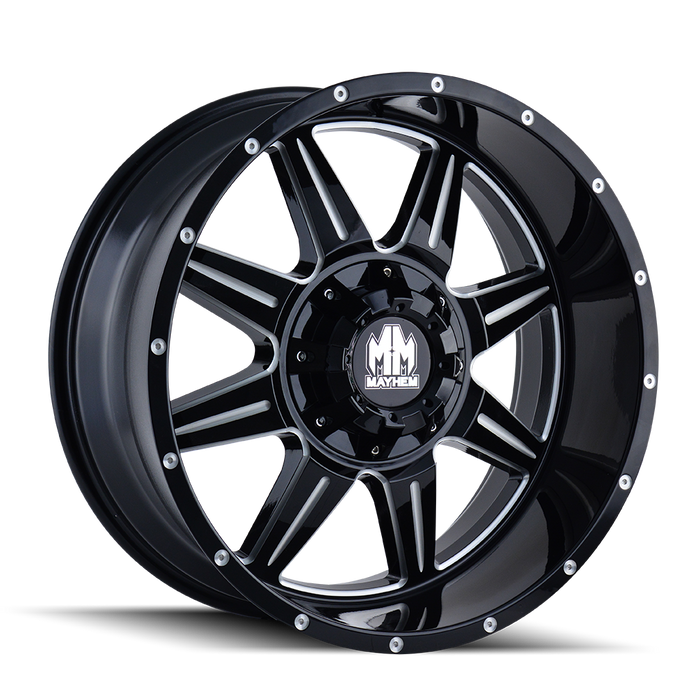 MAYHEM 8100-7956M MONSTIR (8100) GLOSS BLACK/MILLED SPOKES 17X9 5x4.5/5x5 -12MM 87MM - Truck Part Superstore