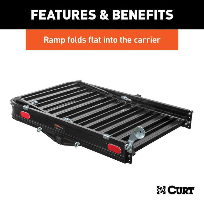 CURT 18112 50in. x 30in. Black Aluminum Hitch Cargo Carrier with Ramp (Folding 2in. Shank) - Truck Part Superstore
