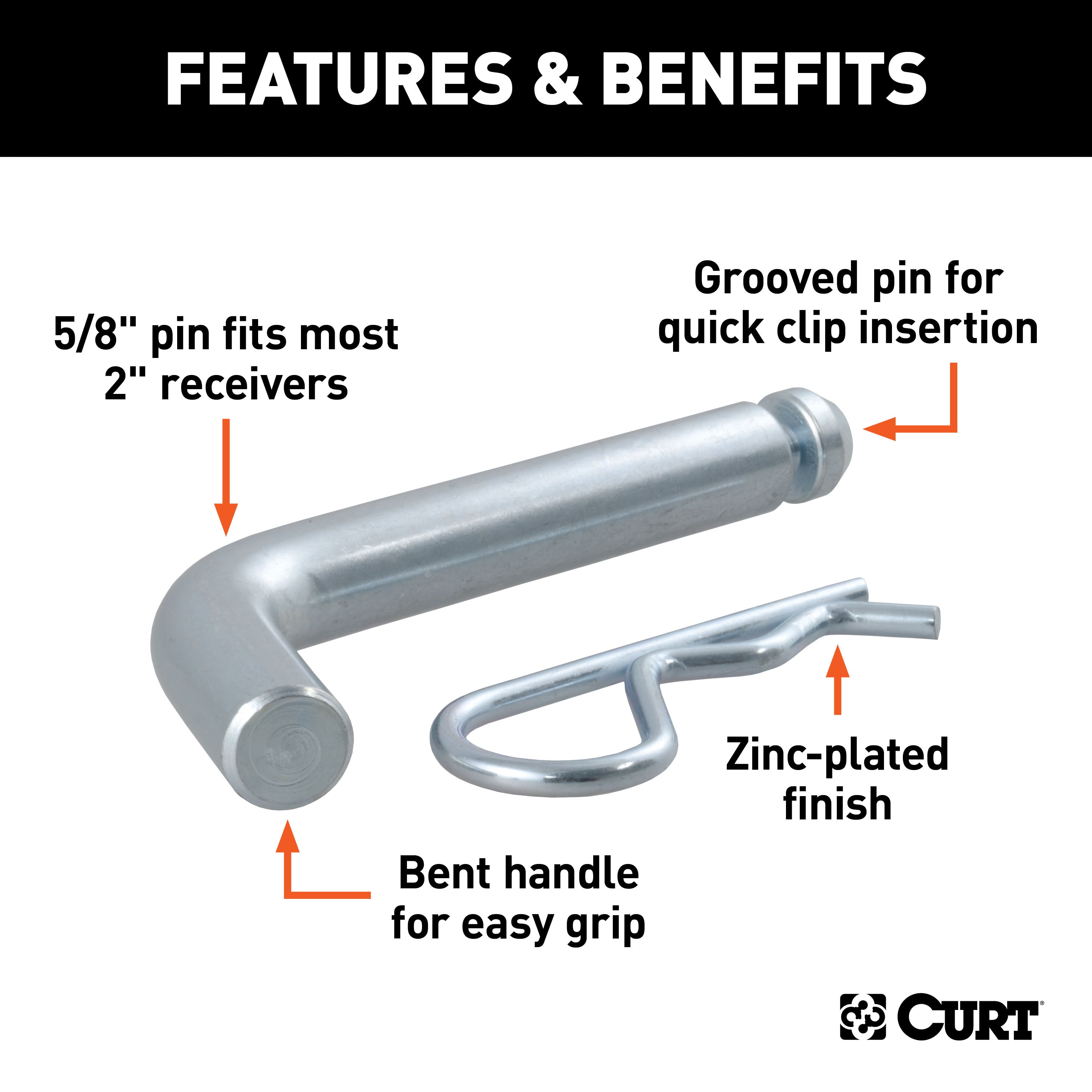 CURT 21504 5/8in. Hitch Pin with Groove (2in. Receiver; Zinc) - Truck Part Superstore
