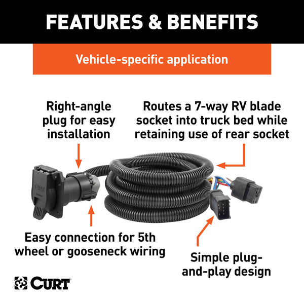 CURT 56001 10ft. Custom Wiring Extension Harness (Adds 7-Way RV Blade to Truck Bed) - Truck Part Superstore