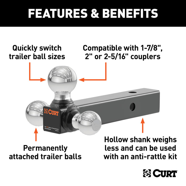 CURT 45001 Multi-Ball Mount (2in. Hollow Shank; 1-7/8in.; 2in./2-5/16in. Chrome Balls) - Truck Part Superstore