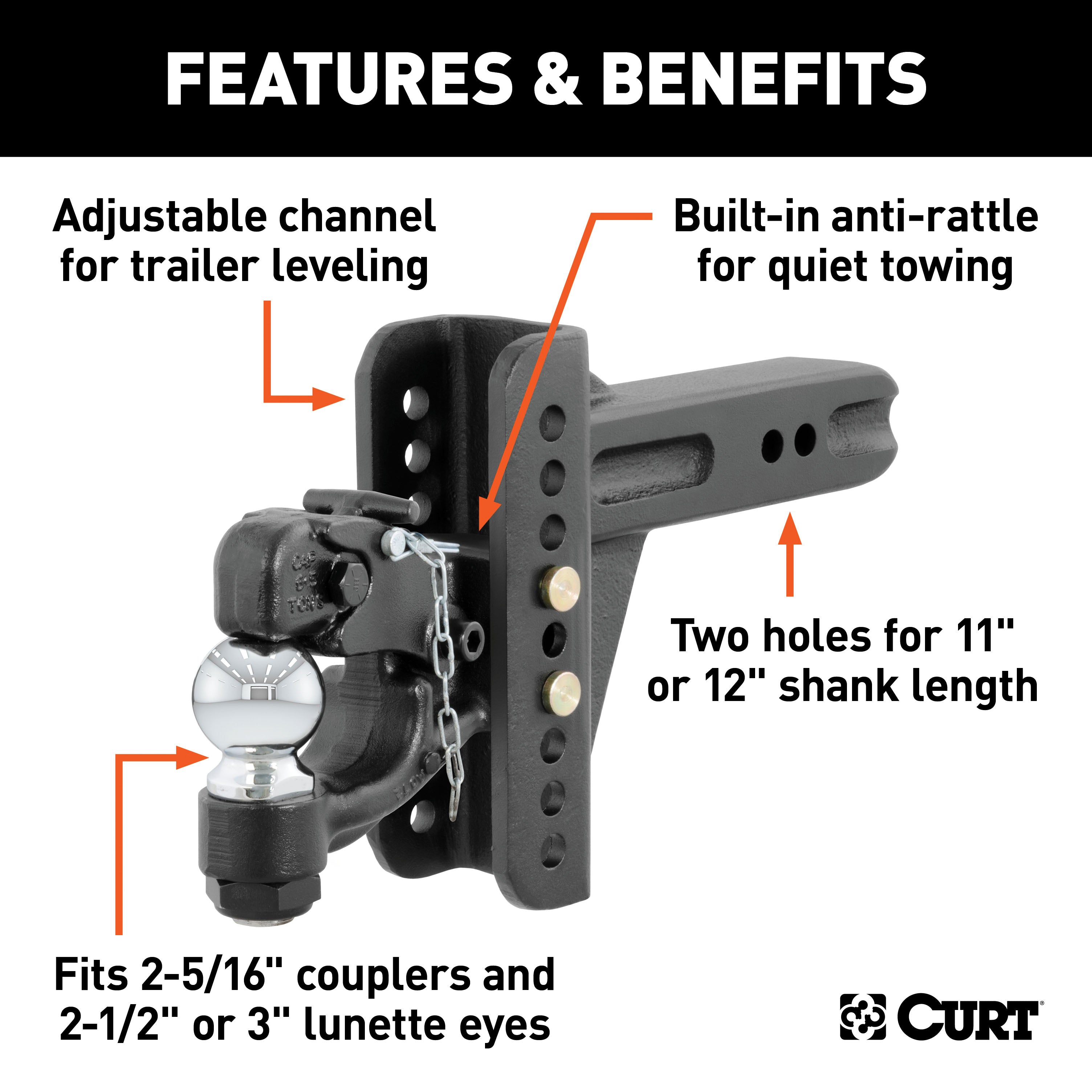 CURT 45908 Adjustable Channel Mount with 2-5/16in. Ball/Pintle (2-1/2in. Shank; 20;000 lbs. - Truck Part Superstore