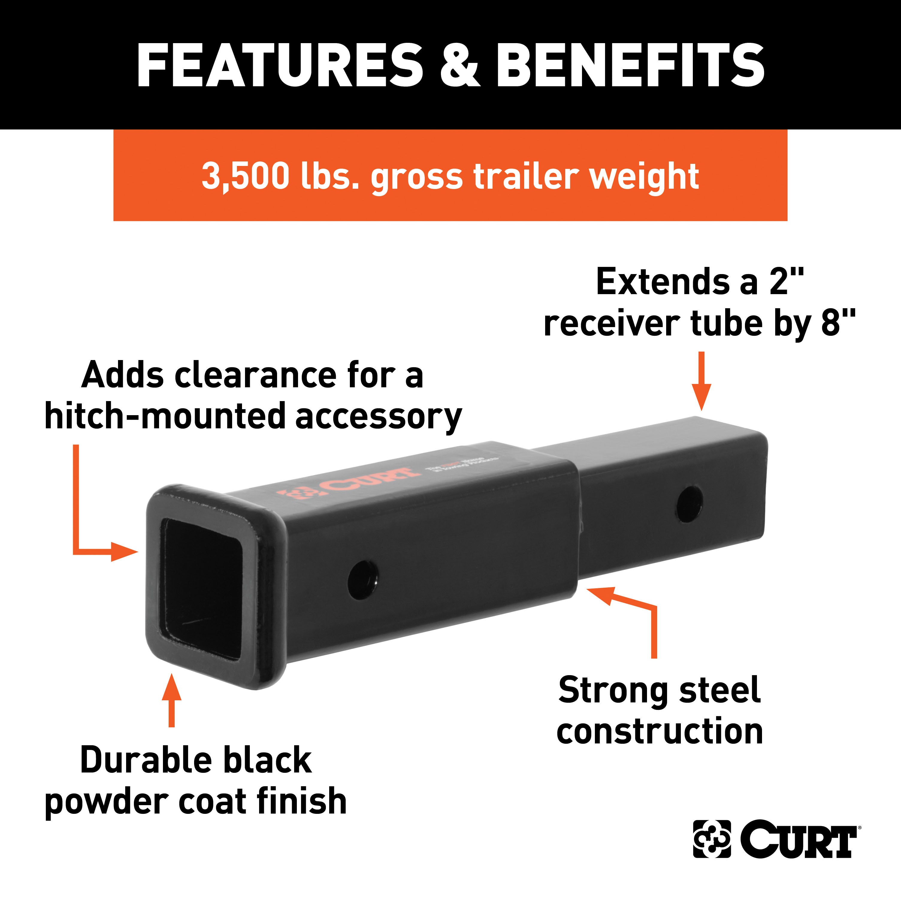 CURT 45791 CURT 45791 8-Inch Long Trailer Hitch Extension for 2-Inch Receiver; 3;500 lbs - Truck Part Superstore