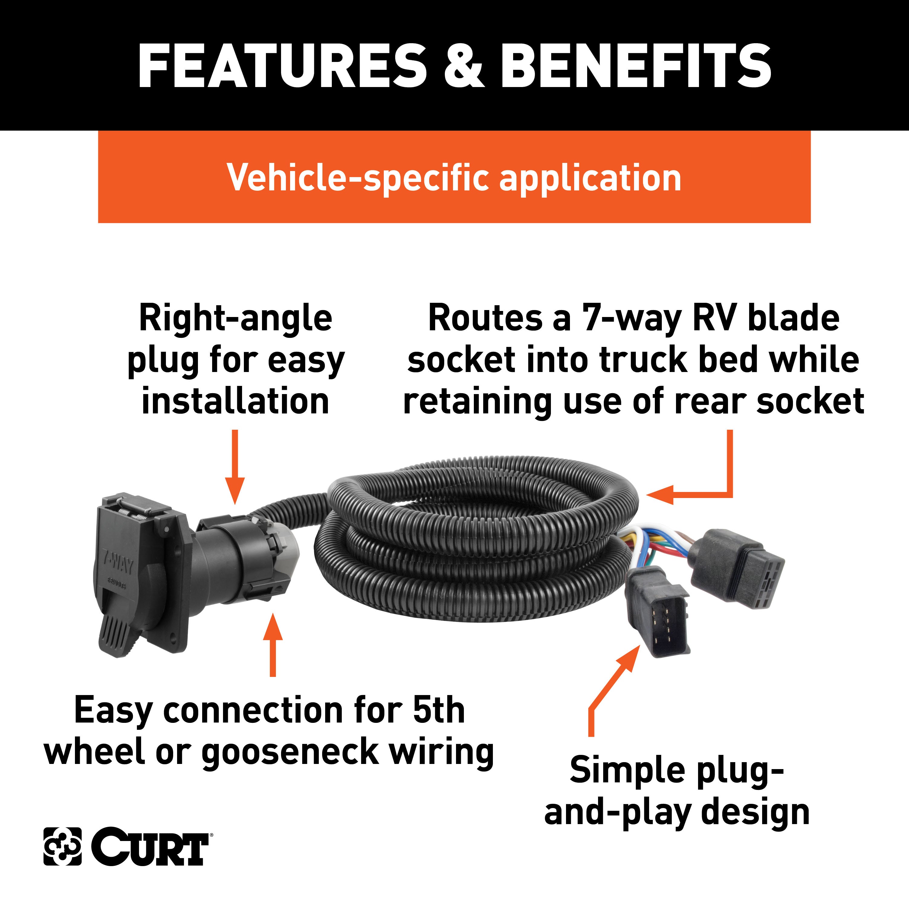 CURT 56071 7ft. Custom Wiring Extension Harness (Adds 7-Way RV Blade to Truck Bed) - Truck Part Superstore