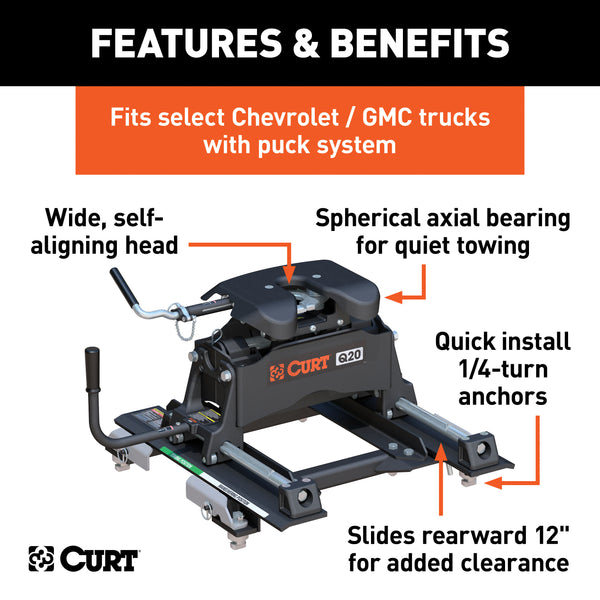 CURT 16671 Q20 Sliding 5th Wheel Hitch; 20K; Select Silverado; Sierra; 6.5ft. Bed Puck Syst - Truck Part Superstore