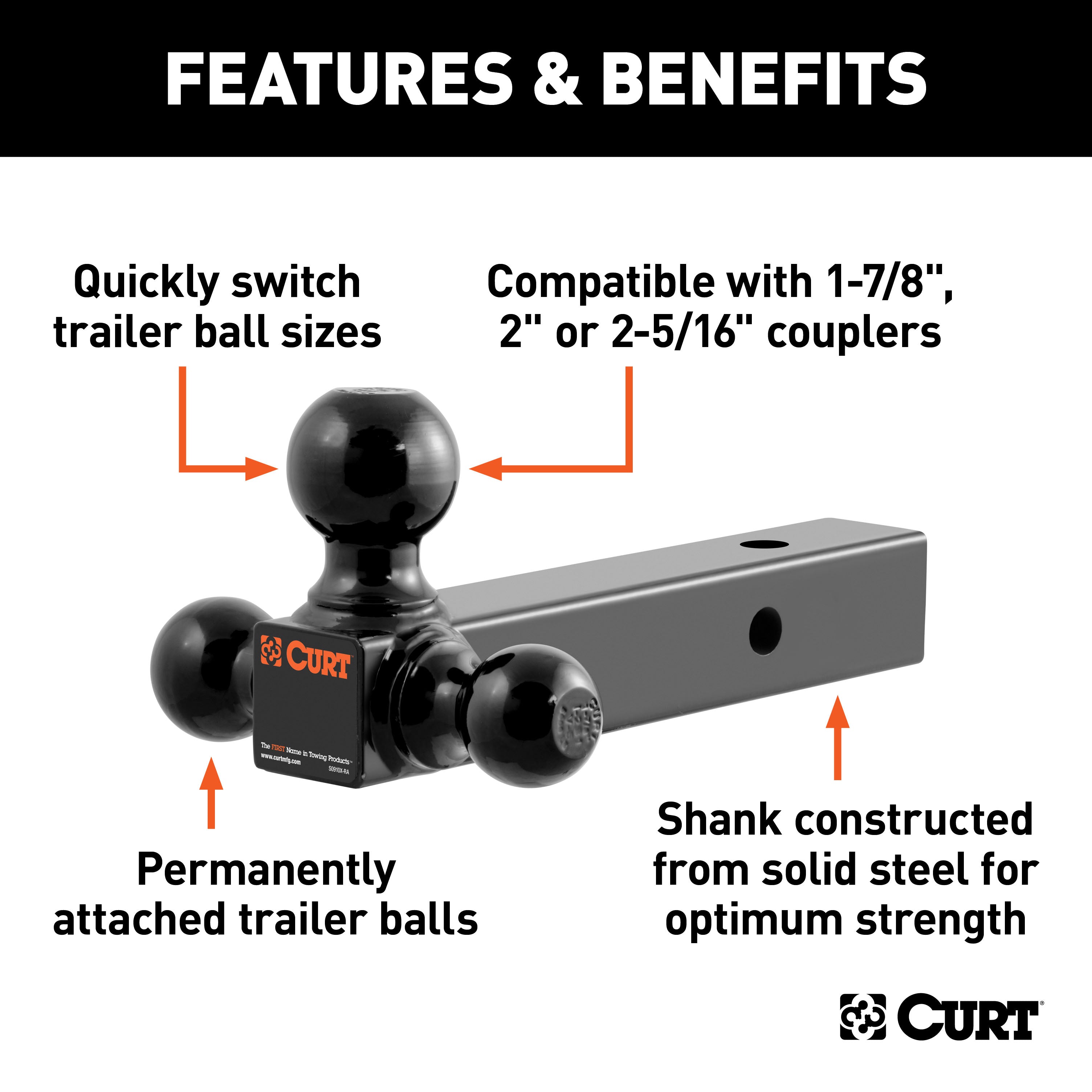 CURT 45650 Multi-Ball Mount (2in. Solid Shank; 1-7/8in.; 2in./2-5/16in. Black Balls) - Truck Part Superstore