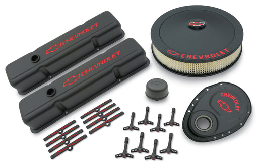 Proform 141-758 Engine Dress-Up Kit; Black Crinkle Finish; Red Bowtie; Red Letters; For SB Chevy - Truck Part Superstore