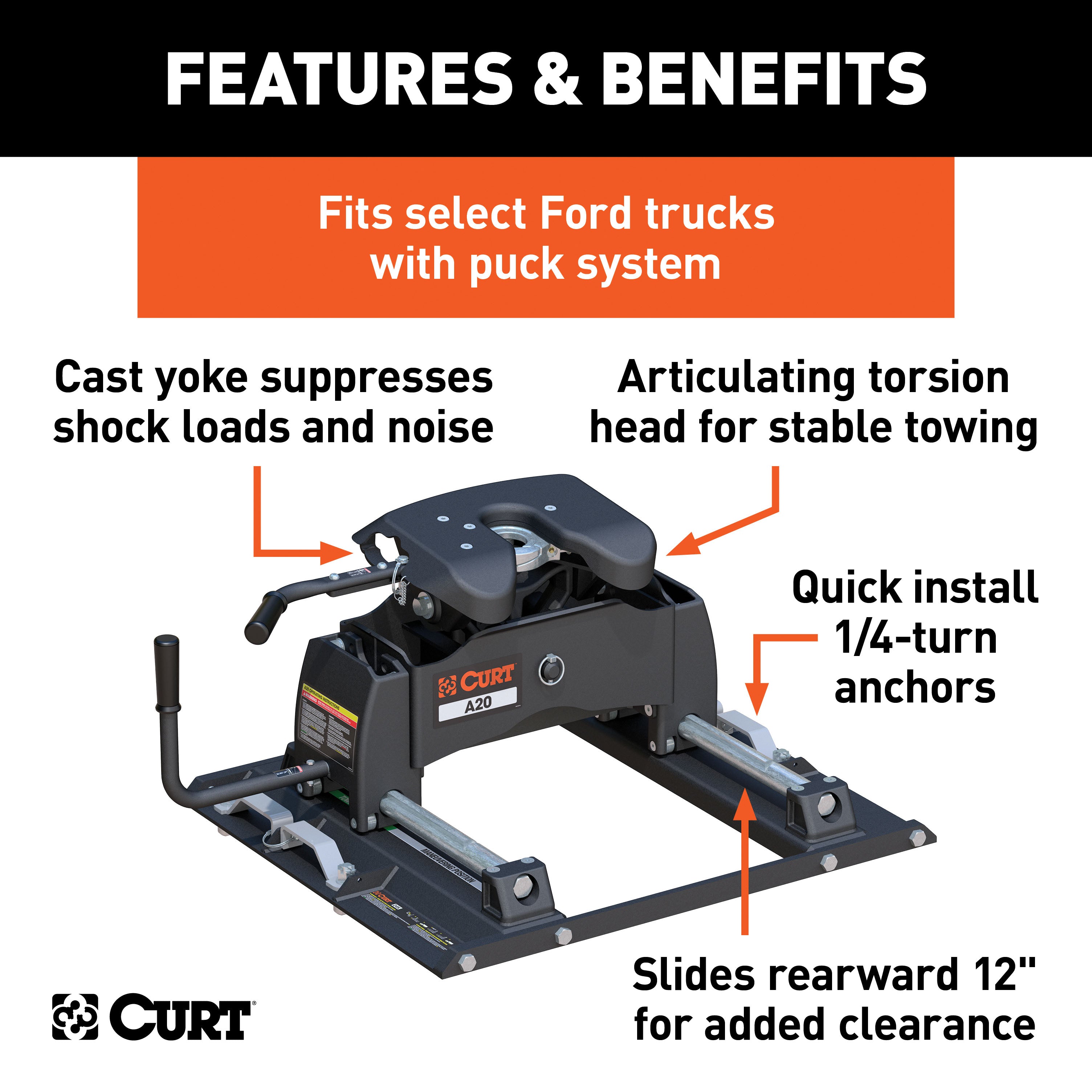 CURT 16676 A20 Sliding 5th Wheel Hitch; Select Ford F250; F350; F450; 6.75ft. Bed Puck Syst - Truck Part Superstore