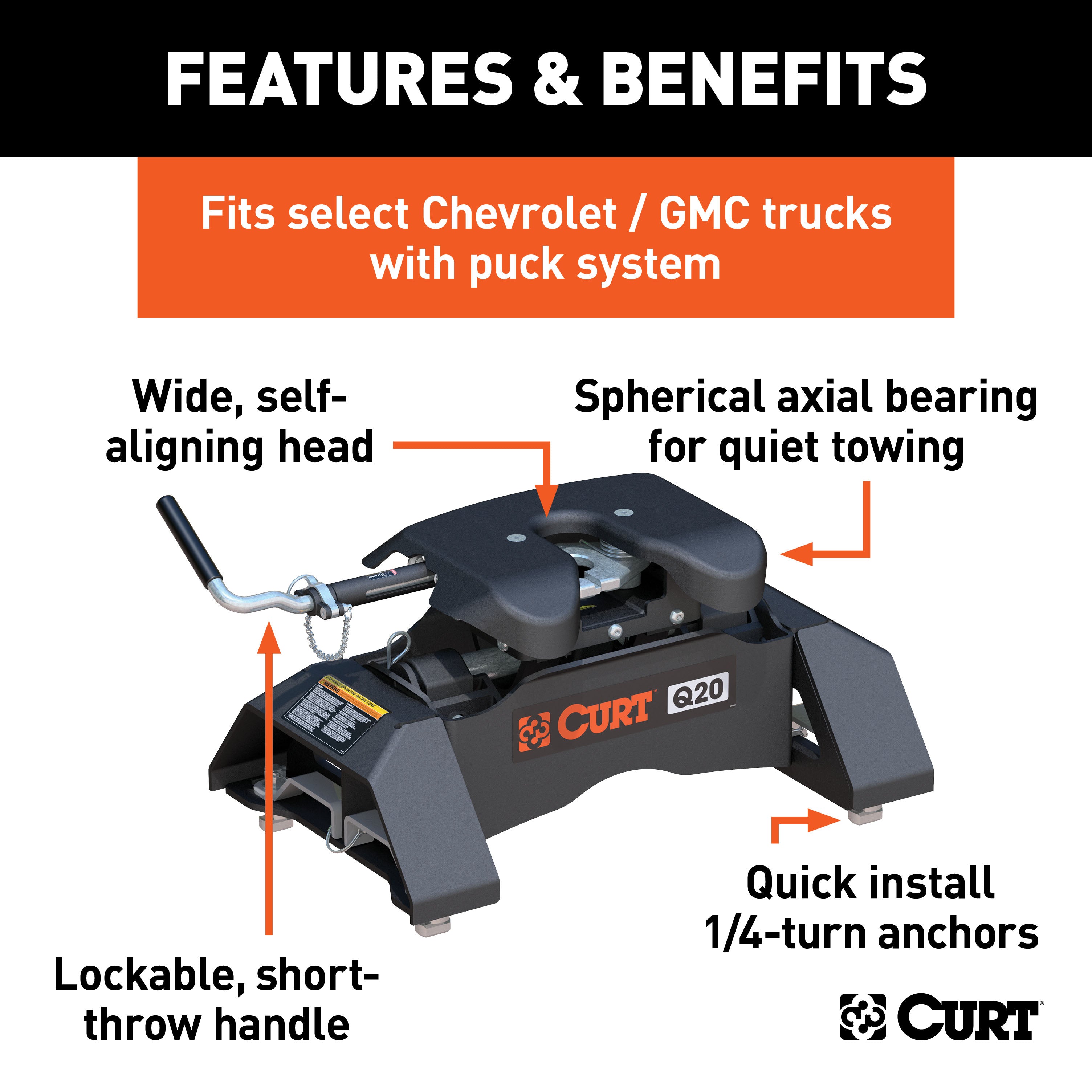 CURT 16094 Q20 5th Wheel Hitch; Select Silverado; Sierra 2500; 3500 HD; 8ft. Bed Puck Syste - Truck Part Superstore