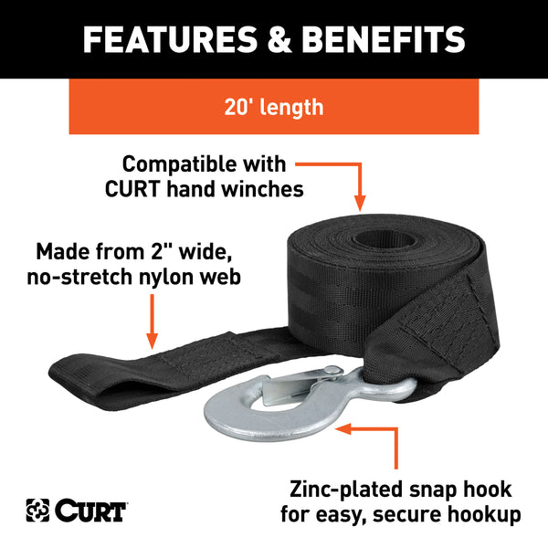 CURT 29451 CURT 29451 2-Inch x 20-Foot Nylon Winch Strap with Hook; 3;300 lbs - Truck Part Superstore