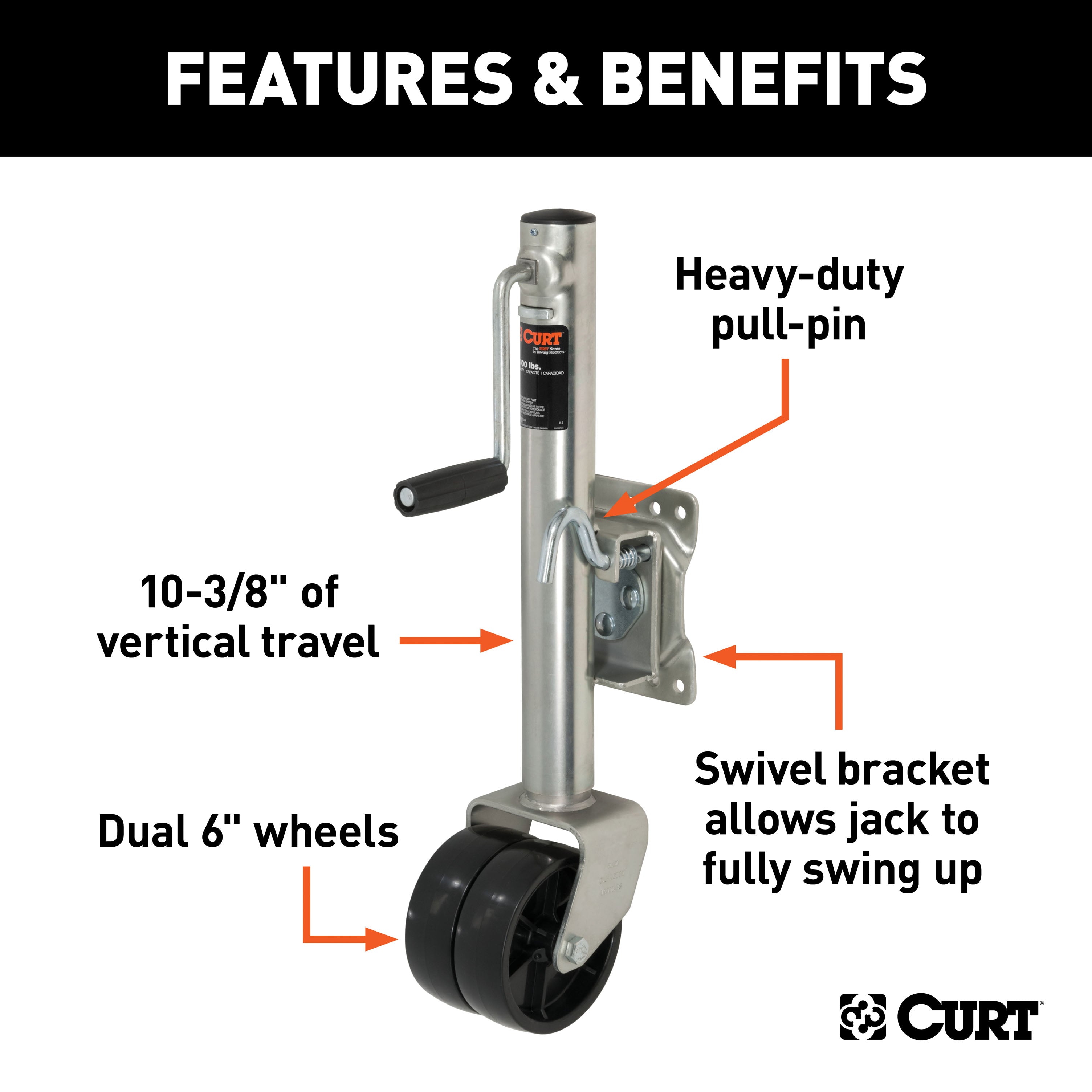 CURT 28156 Marine Jack with Dual 6in. Wheels (1;500 lbs; 10in. Travel; Packaged) - Truck Part Superstore