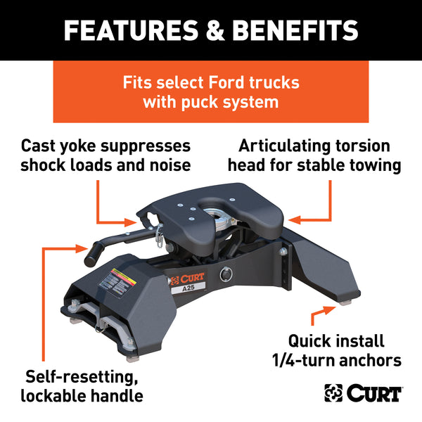 CURT 16036 A25 5th Wheel Hitch; Select Ford F-250; F-350; F-450; 8ft. Bed Puck System - Truck Part Superstore