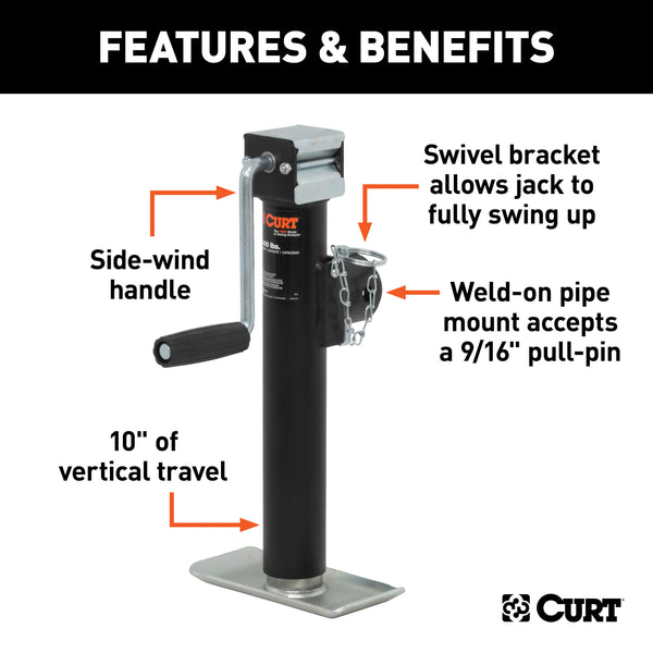 CURT 28321 Pipe-Mount Swivel Jack with Side Handle (2;000 lbs; 10in. Travel) - Truck Part Superstore