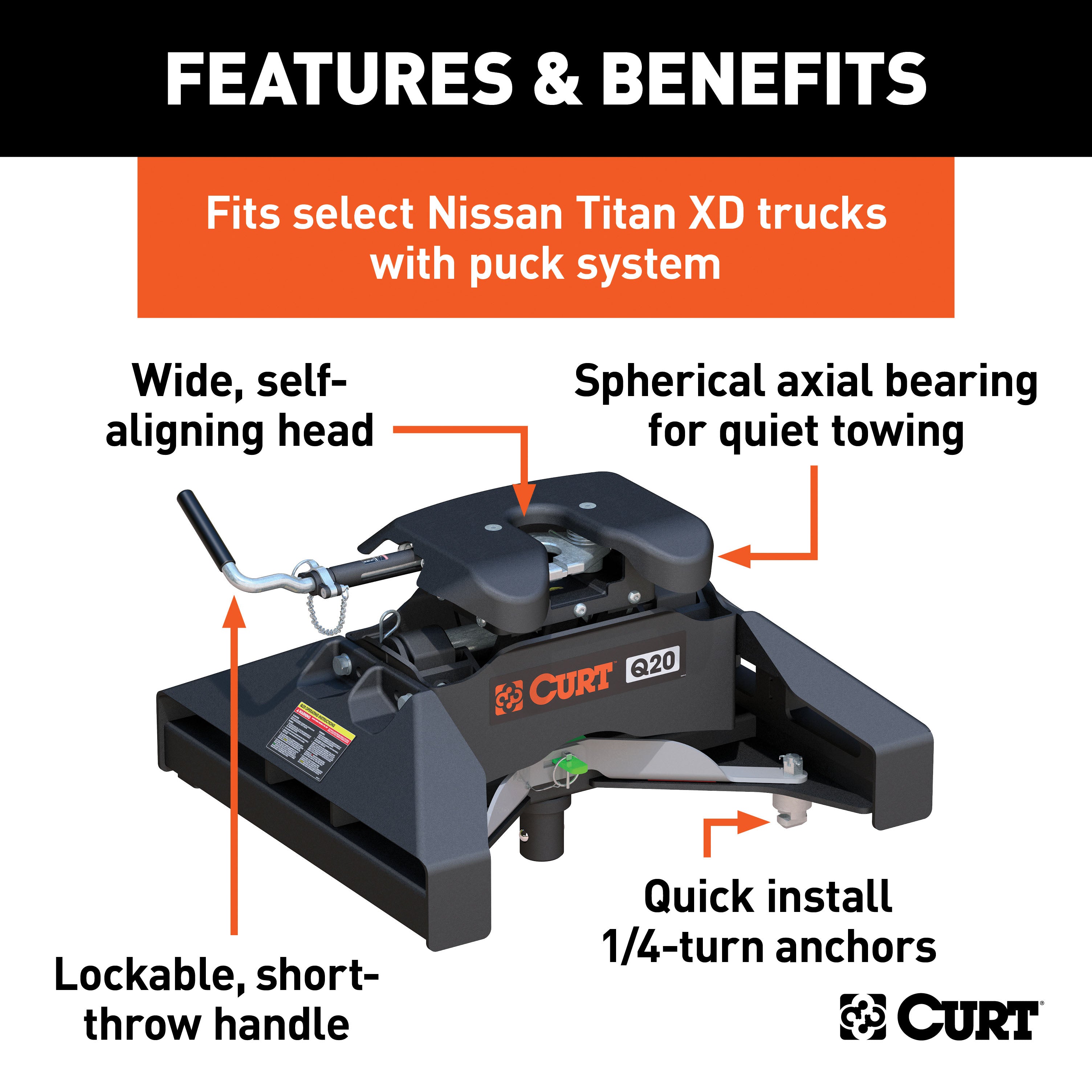 CURT 16075 Q20 5th Wheel Hitch; Select Nissan Titan XD; 8ft. Bed Puck System - Truck Part Superstore