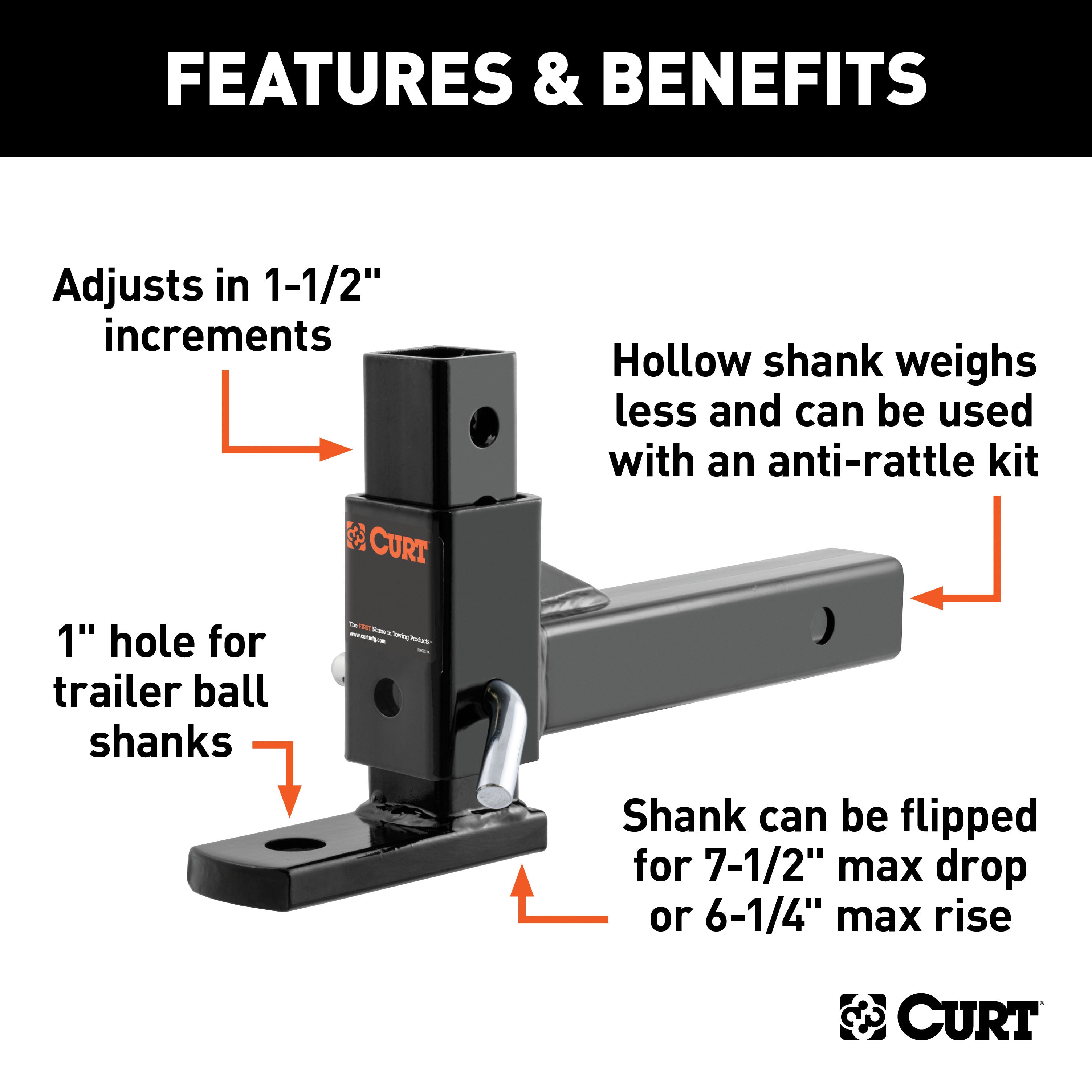 CURT 45812 Adjustable Ball Mount (2in. Shank; 1in. Ball Hole) - Truck Part Superstore